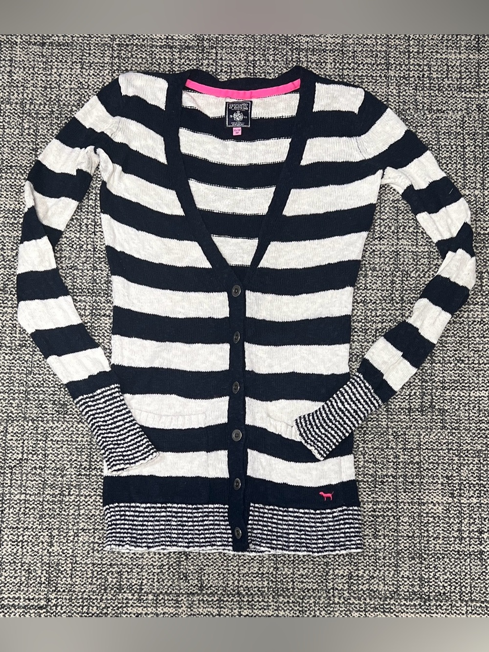 PINK Victoria's Secret Navy and White Striped Button Cardigan with Pink Trim